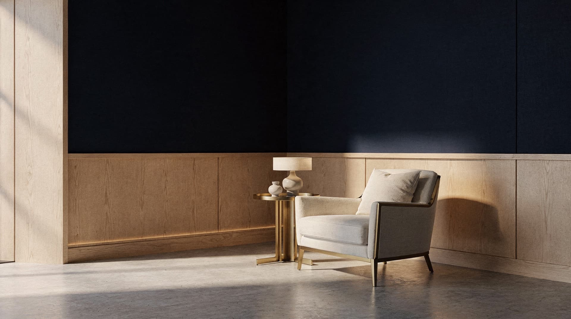 A refined lounge corner with brushed brass details and deep navy, credibility and accomplishment.
