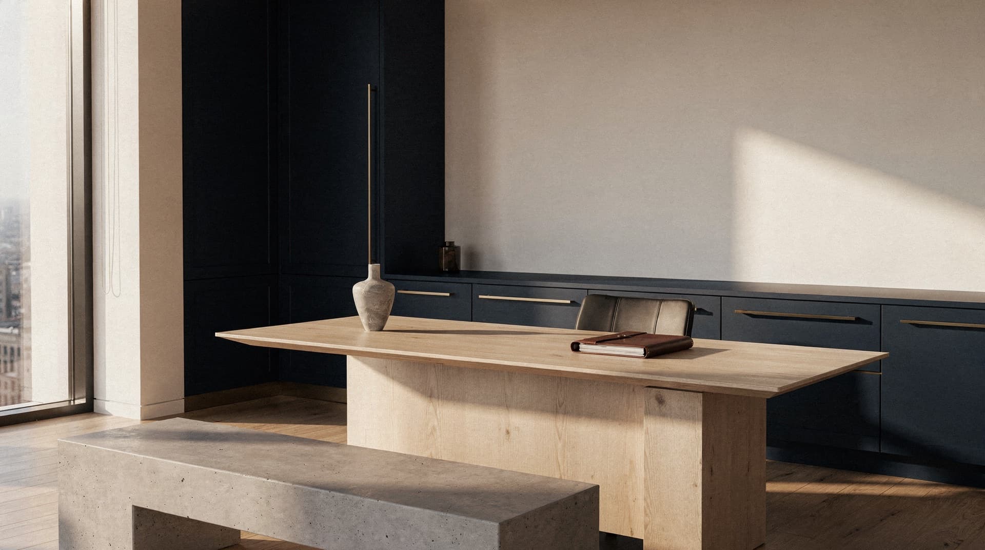 A refined executive interior bathed in warm late afternoon light, conveying proven results and accomplishment.