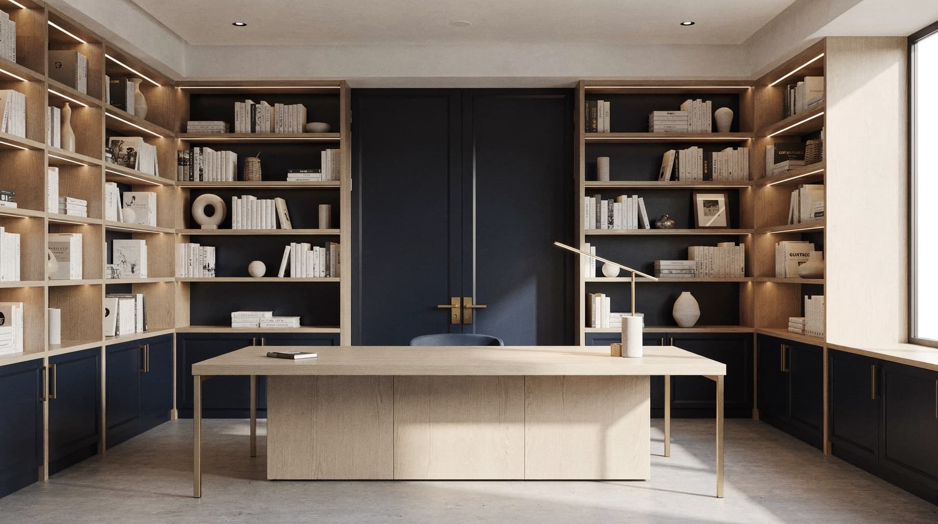 Library and studio with oak bookshelves under soft reading light, depth of knowledge and editorial calm.