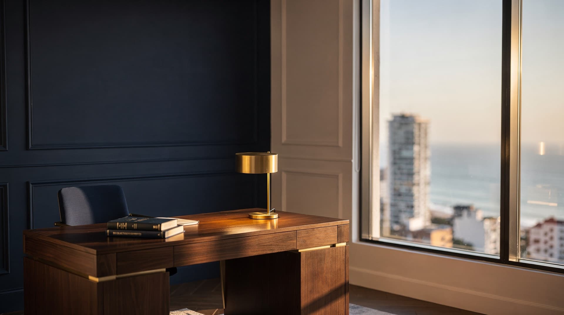 Un bureau raffiné à Fortaleza au crépuscule, une table de travail en noyer et une lampe en laiton, avec la ligne d’horizon côtière de la ville floutée à travers la fenêtre.