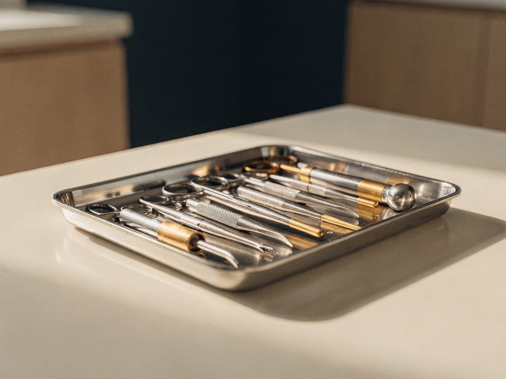 Ambiente editorial premium de consultório de cirurgia vascular, escrivaninha de nogueira, luminária de latão e escultura ramificada em latão sobre mármore