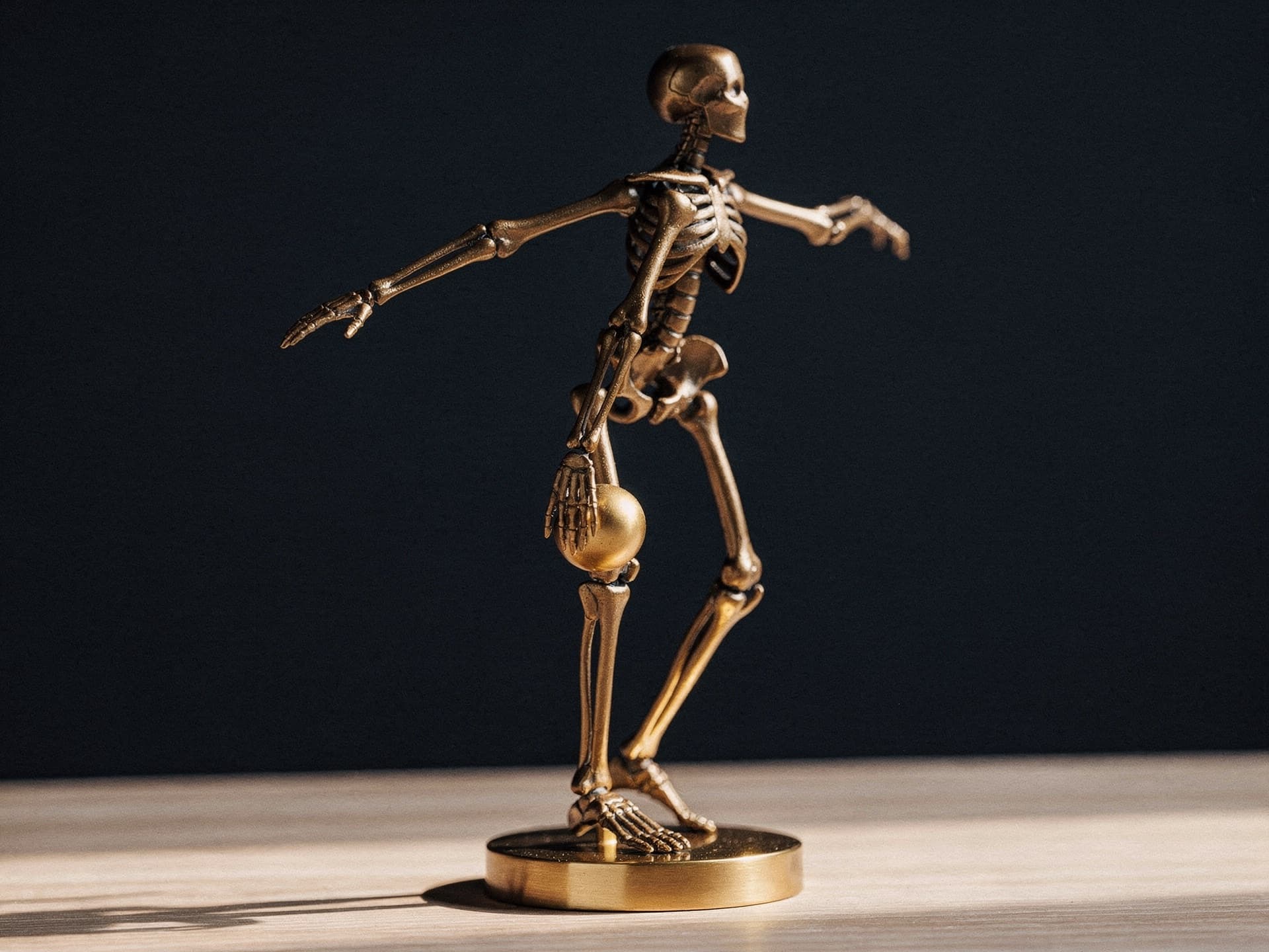 Ambiente editorial premium de consultório de ortopedia, escrivaninha de nogueira, luminária de latão e escultura abstrata em bronze sobre mármore
