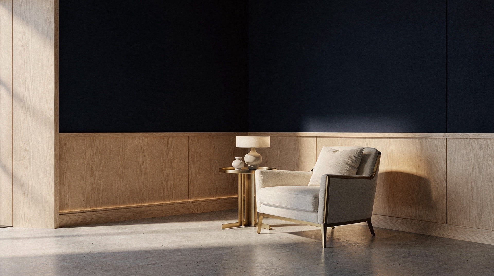 Canto de lounge premium com detalhes em latão escovado e navy profundo, credibilidade e realização.