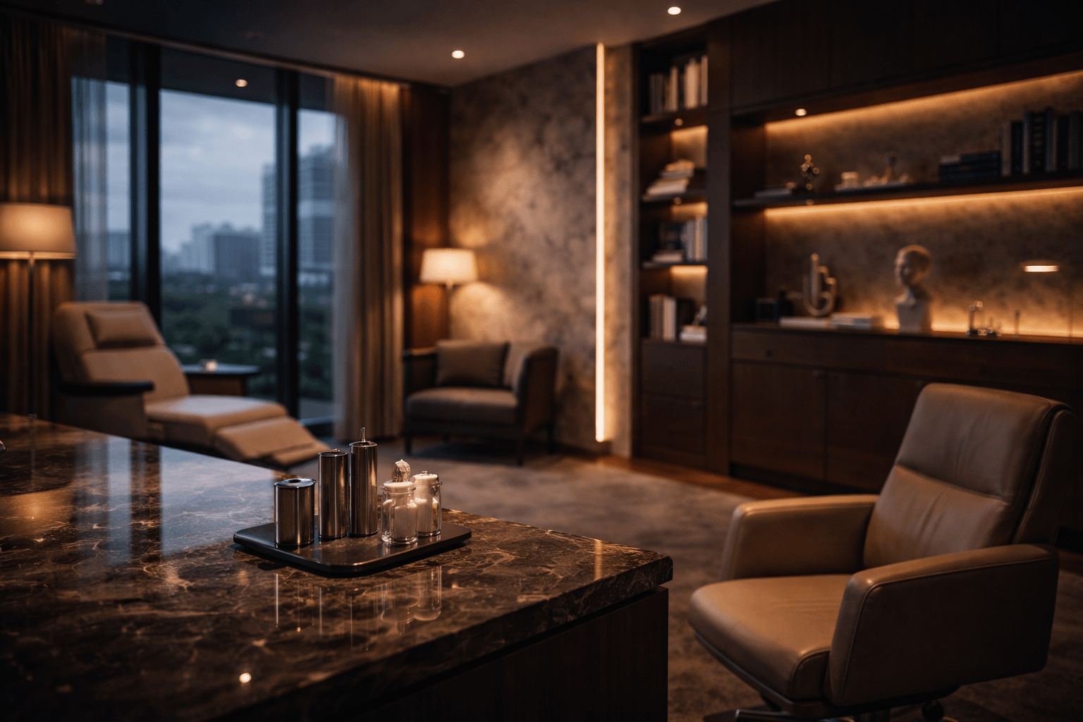 Ambiente premium reservado com atmosfera silenciosa e leitura estratégica.