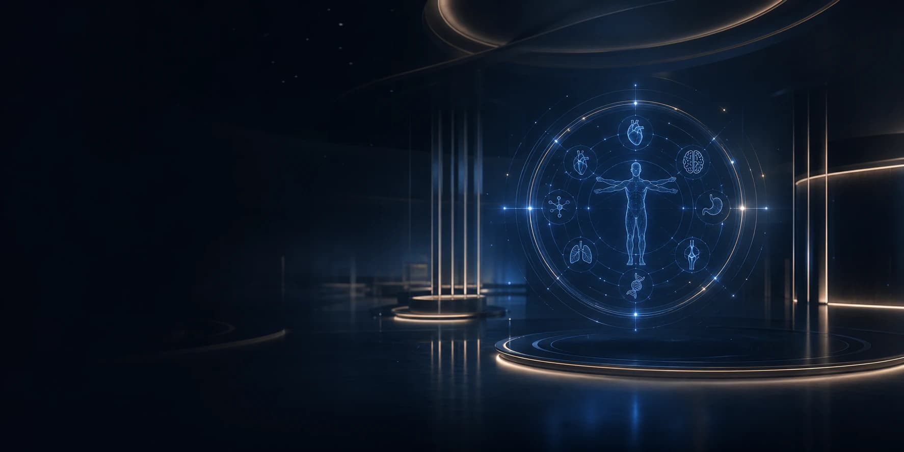 Visualização holográfica de especialidades médicas em ambiente institucional futurista