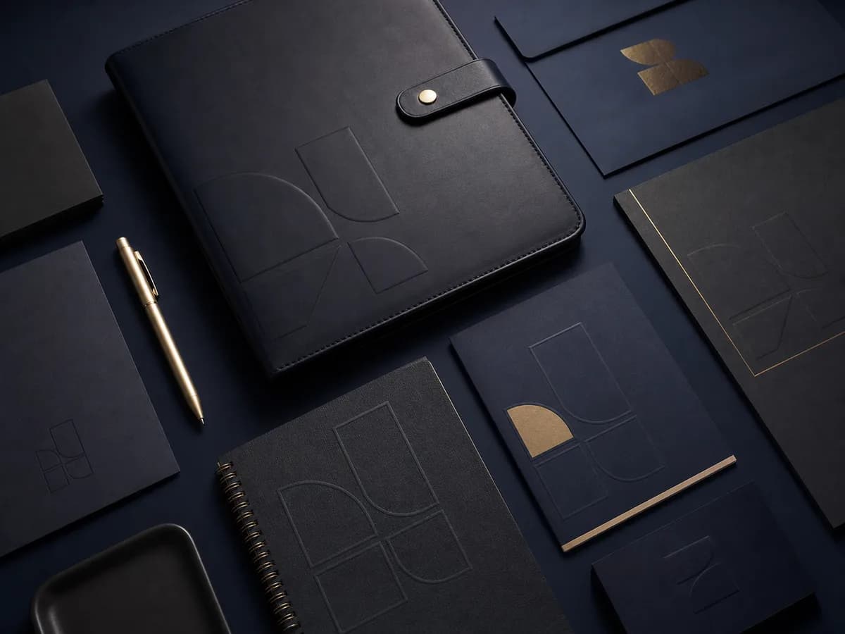 Materiais institucionais em navy que representam estratégia de marca e posicionamento.