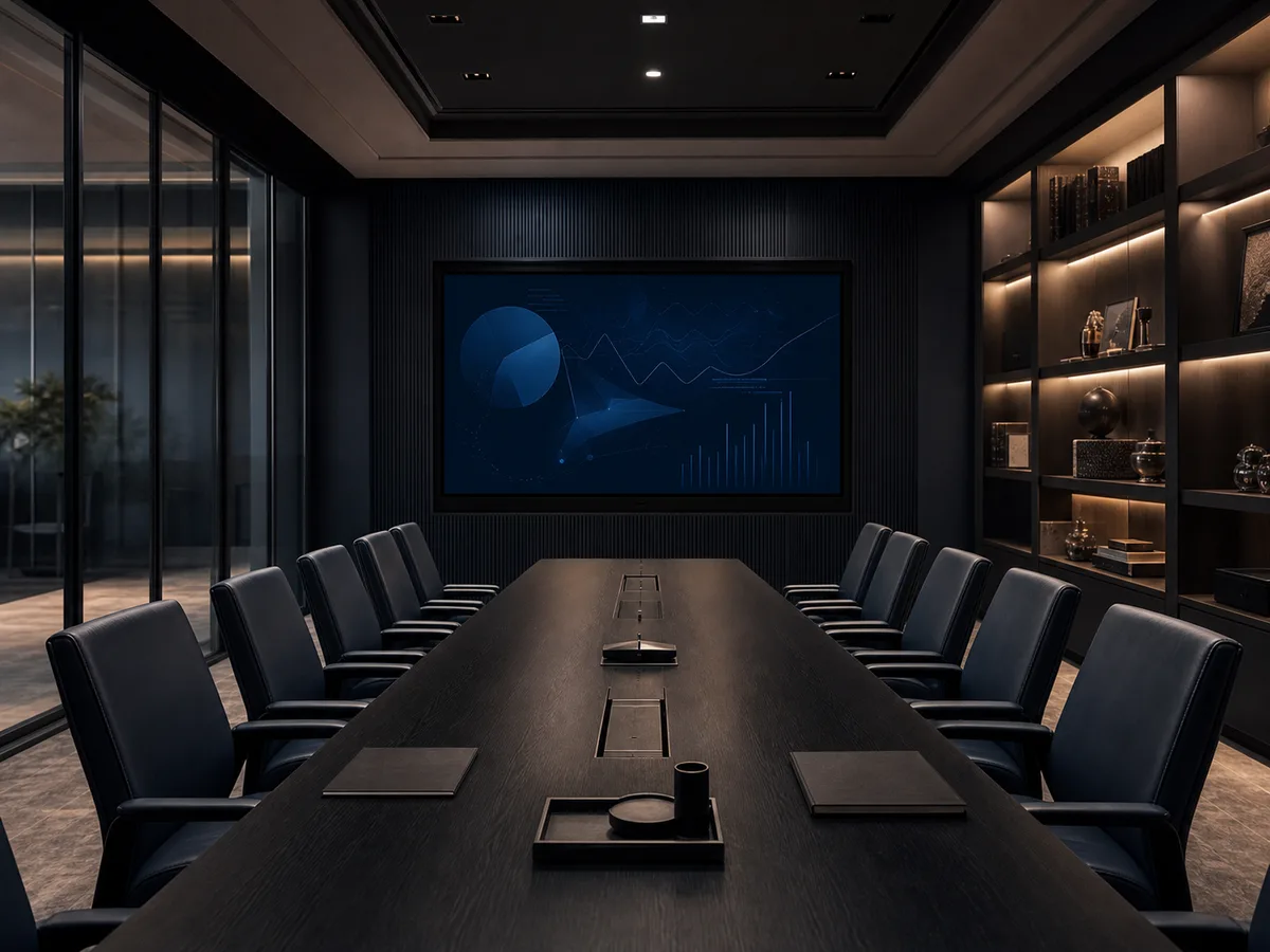 Sala de reunião executiva preparada para direção e planejamento estratégico.
