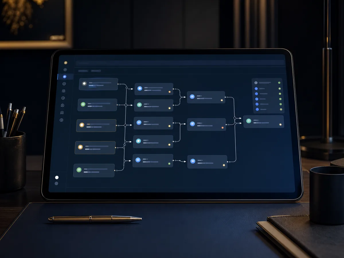 Fluxo visual de CRM com etapas conectadas e automações comerciais.