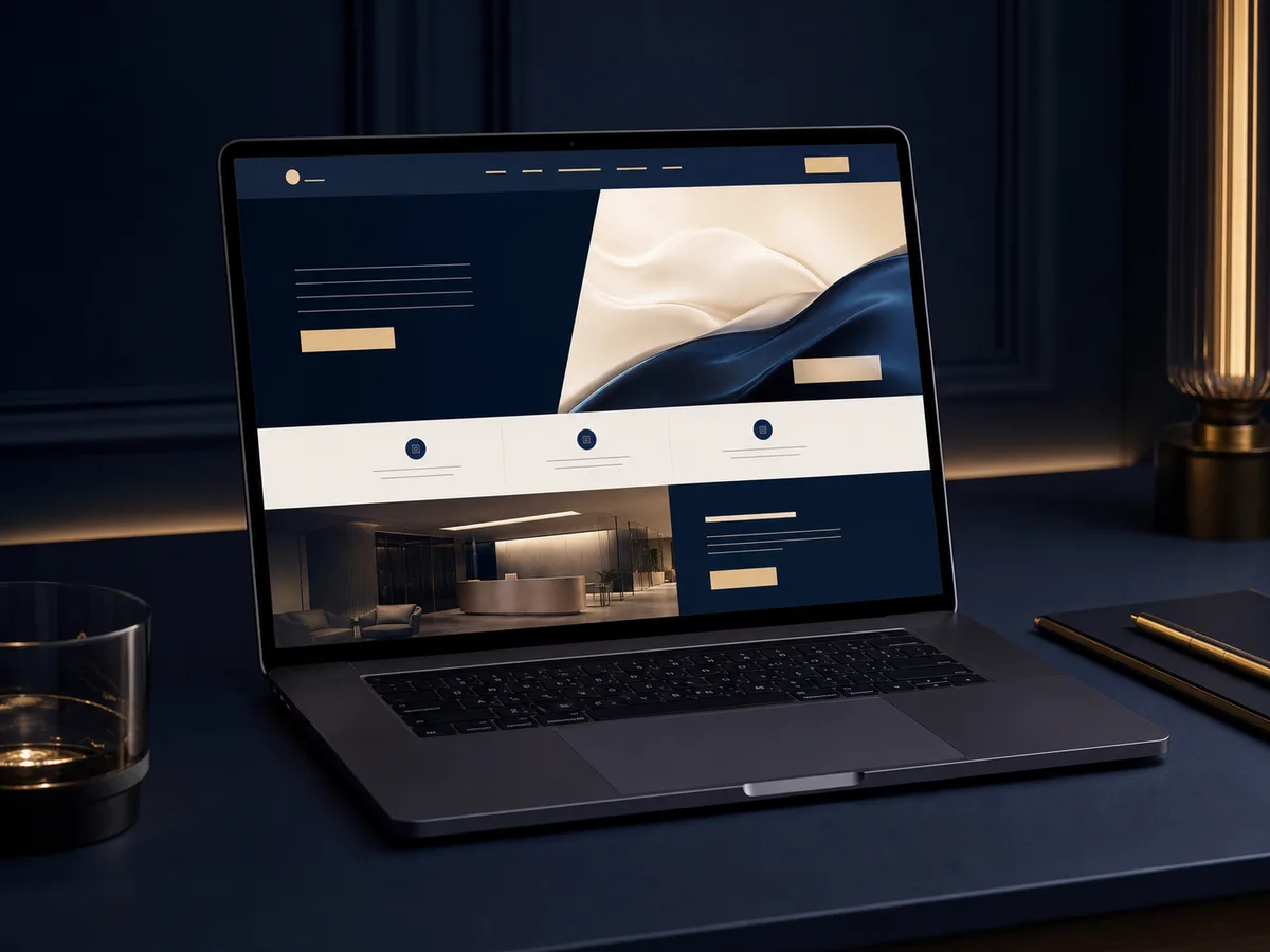 Notebook com interface premium de site médico em navy e creme.